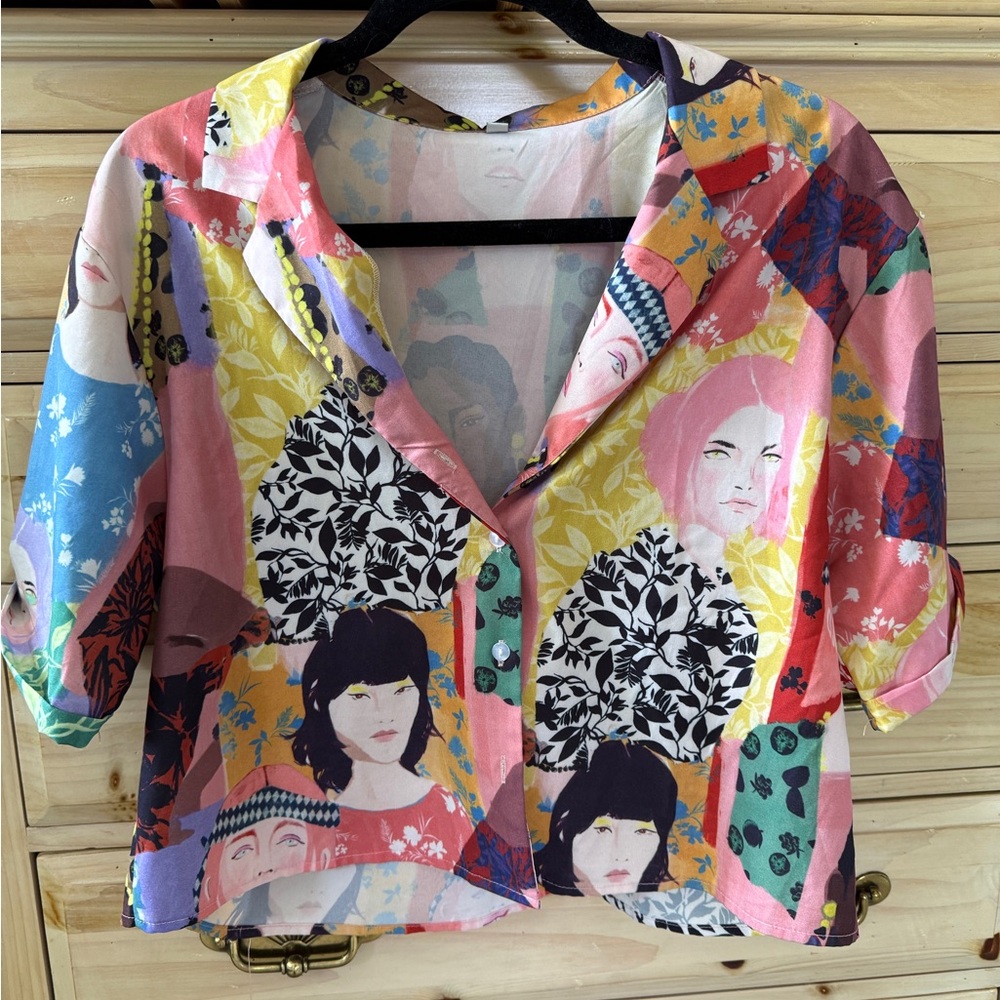 SHEIN Pink Yellow Graphic 3/4 Sleeve Button Down Shirt